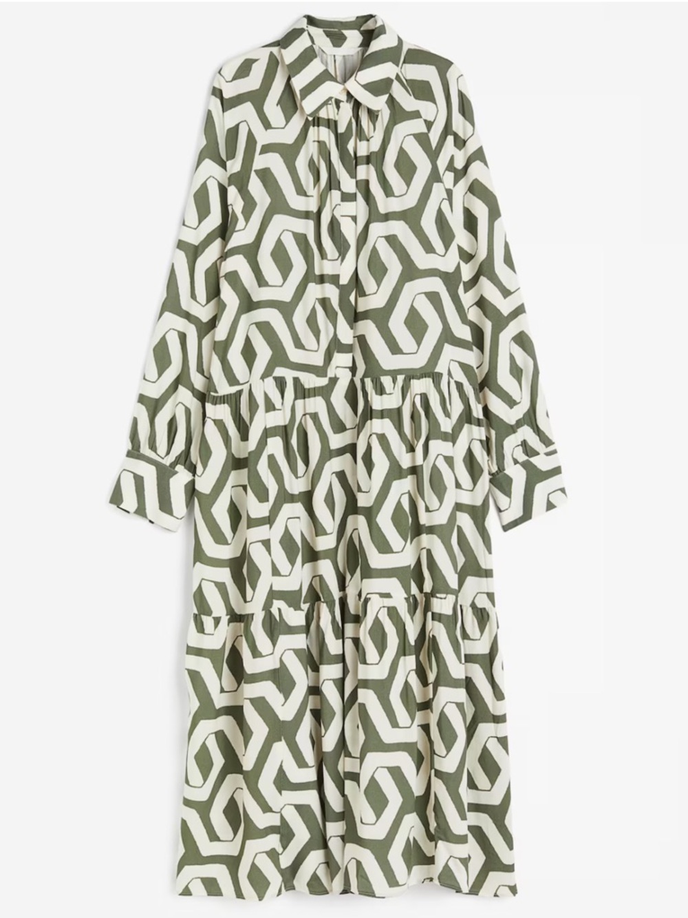 H&M Olive Green & Cream Geometric Tiered Shirt Dress